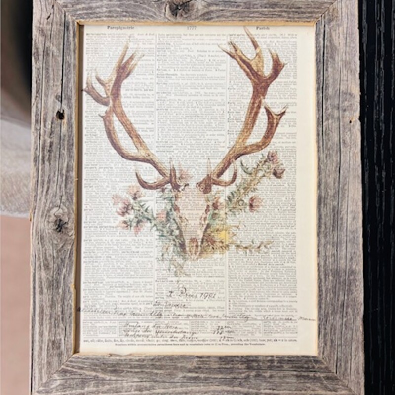 Deer Silhouette on Newsprint in Wood Frame
Gray Cream Brown Green Size: 11 x 14H