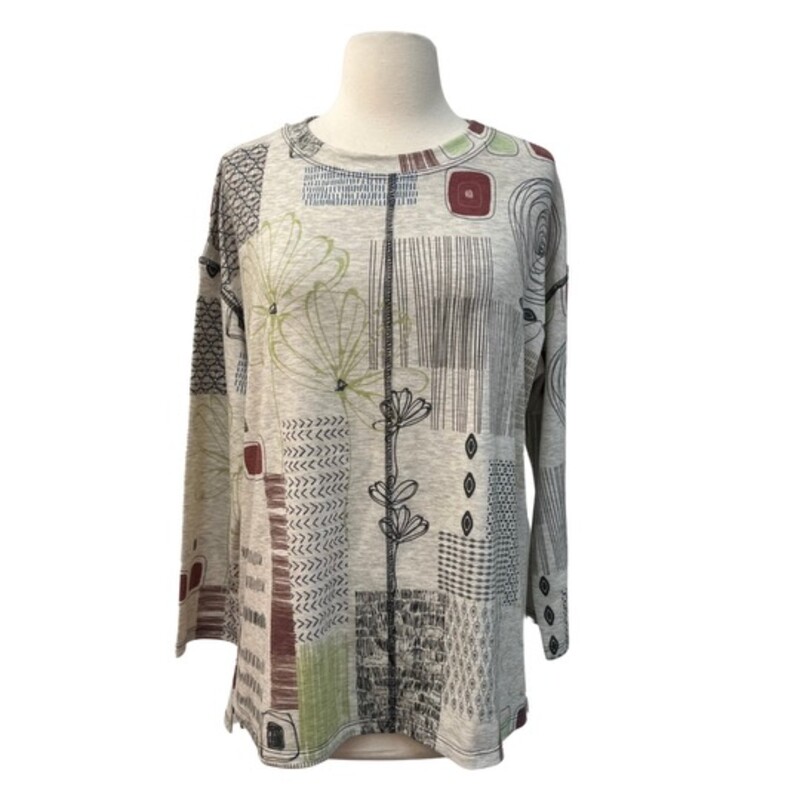 Jess & Jane Tunic Top<br />
Floral Print with Stitch Detail<br />
Oat, Lime, Black and Merlot<br />
Size: Large