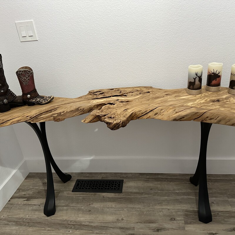 Custom Olive Wood Table W/ Metal Legs<br />
<br />
Size: 63 X 20.5W X 30H