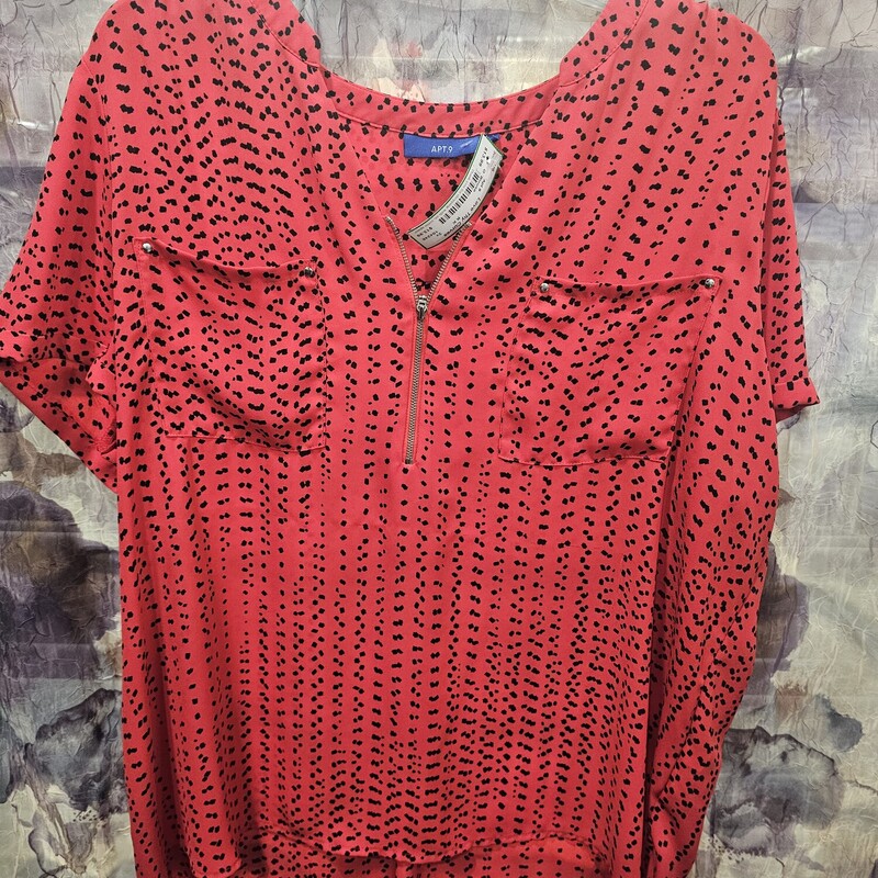 Short sleeve blouse in red with black dots.