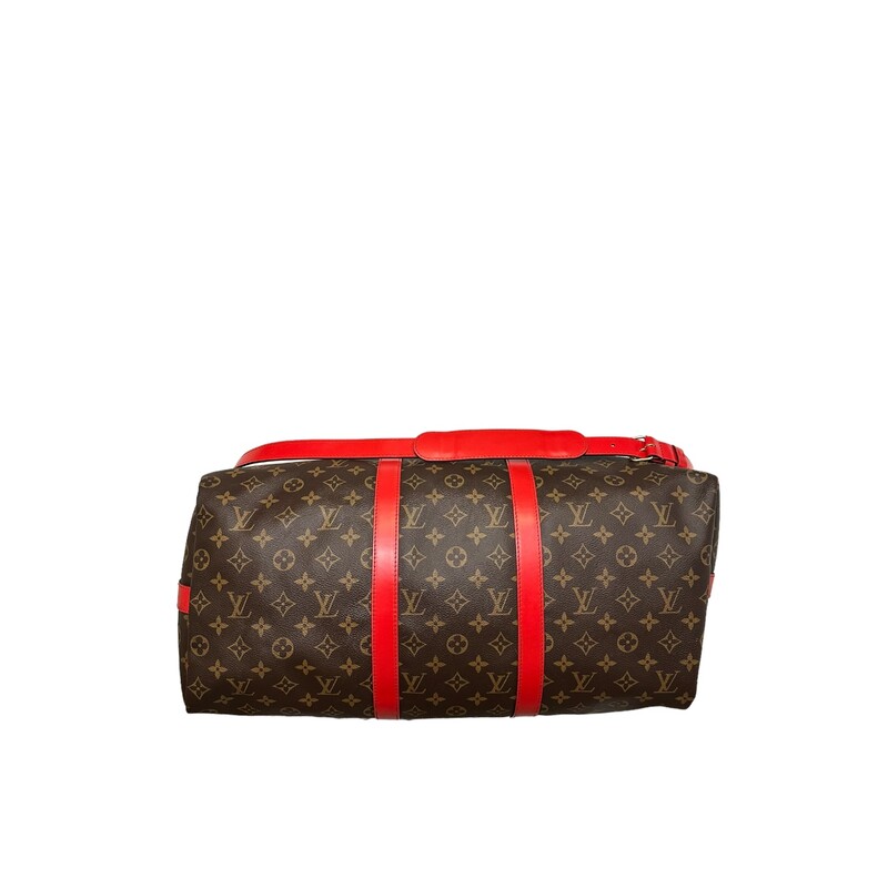 Louis Vuitton Keepall 50 Red<br />
<br />
Dimensions:<br />
19.7 x 11.4 x 9.1 inches<br />
(length x Height x Width)<br />
<br />
Date Code: SD3230<br />
<br />
Note: Stains inside the bag (see photos)<br />
<br />
The Keepall Bandouliere 50 travel bag is made from Monogram Macassar canvas with colored-leather top handles, lateral bands, and name tag. The inside is lined with textile in the same bright color for a bag that’s as joyful as it is functional. The generously sized Keepall 50 can be brought onto the plane as carry-on luggage.