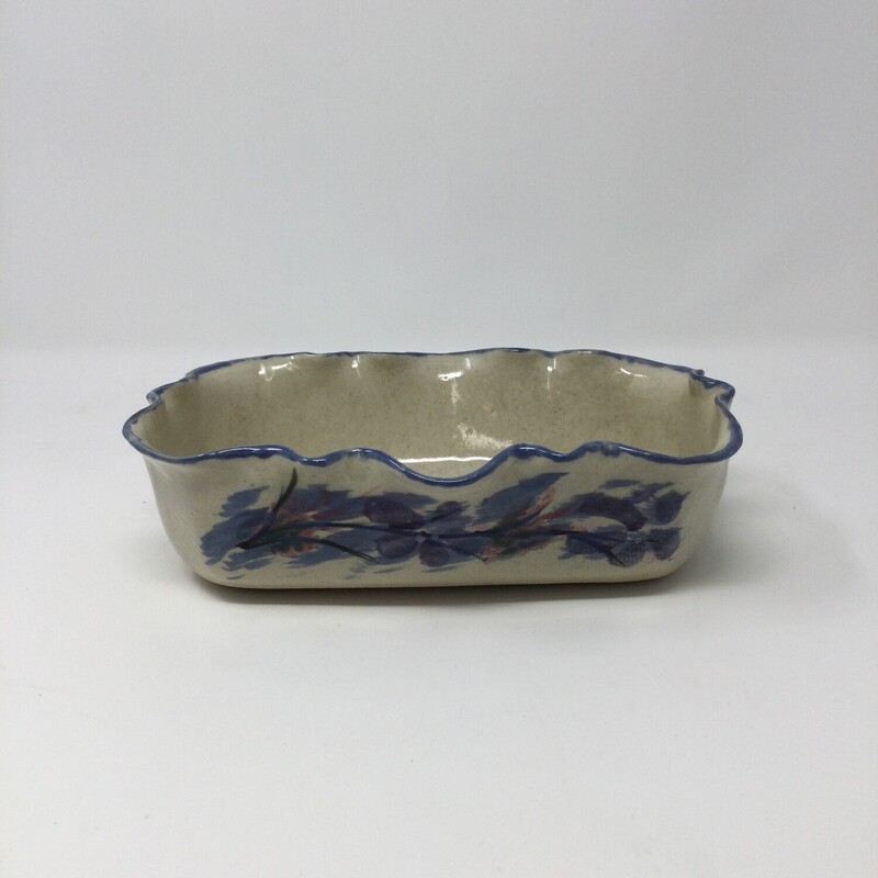 Pottery Loaf Pan With Scalloped edge, Blue/Cream. Size: 9X7