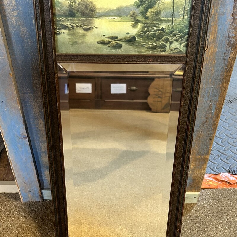 Sweet Day Mirror,
 Size: 9 1/2 X 22
Antique wall mirror with a print of a lake scene with the title Good-Bye, Sweet Day.  The mirror is in good condition and is beveled.  The print is intact and in good condtion also.