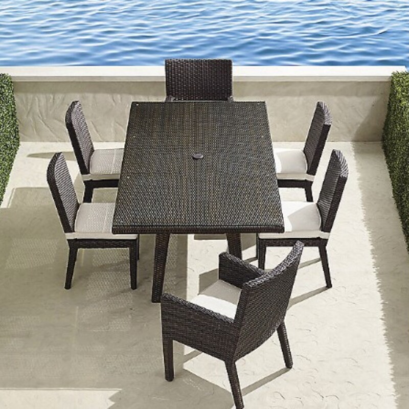 Frontgate Palermo Dining Set
86x44x29H
Dark Brown Weather Resistant Resin Wicker
Rust-resistant powdercoated frame
Tempered glass tabletop
Brand New All-Weather Cushions
Retail $5090