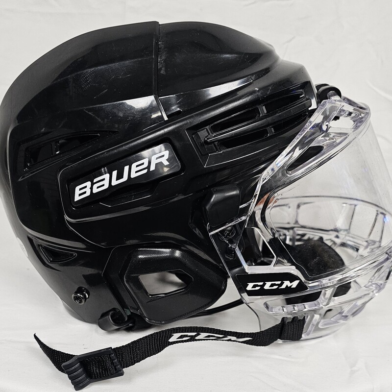 Bauer IMS 5.0 hockey helmet with CCM FV1 Shield, Helmet: Black, Size: Small, pre-owned. Certified through Dec 2026