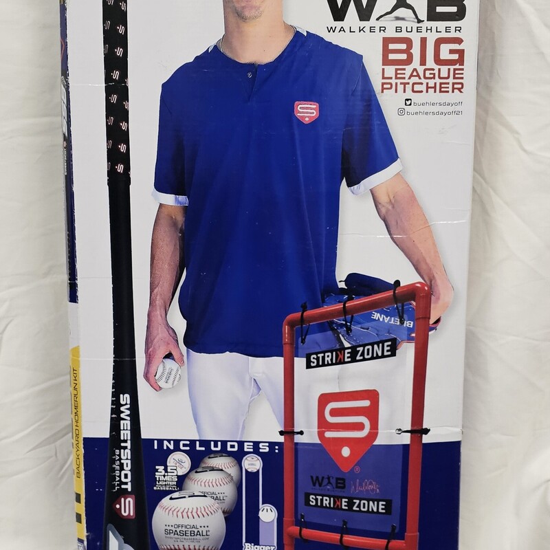 New: box opened & slightly damaged but contents have never been used!!
Sweetspot Backyard Baseball Home Run 11 Piece Kit.
Product Details:
The SweetSpot Backyard Homerun Kit has everything you need to transform your backyard into a game-ready SweetSpot softball field! The Spaseball redefines every pitch, with its unique design that looks, feels, and acts like a regulation baseball at a fraction of the weight! This patented product is simply the best ball available.
Includes:
1 Patented 34 SweetSpot Baseball Bat
3 Patented SweetSpot Spaseballs
6 Foul Cones
1 SweetSpot Collapsible Strike Zone
Features:
Synthetic leather cover with hand-stitched seams for the most realistic practice ball on the market.
Hollow plastic core provides light weight with extreme durability.
Regulation size and authentic baseball look and feel without the weight...only 1.5 oz!
Specs:
-Center Balance Technology for big league balance and feel.
-Custom SweetSpot grip tape
-Lightweight and rugged plastic construction