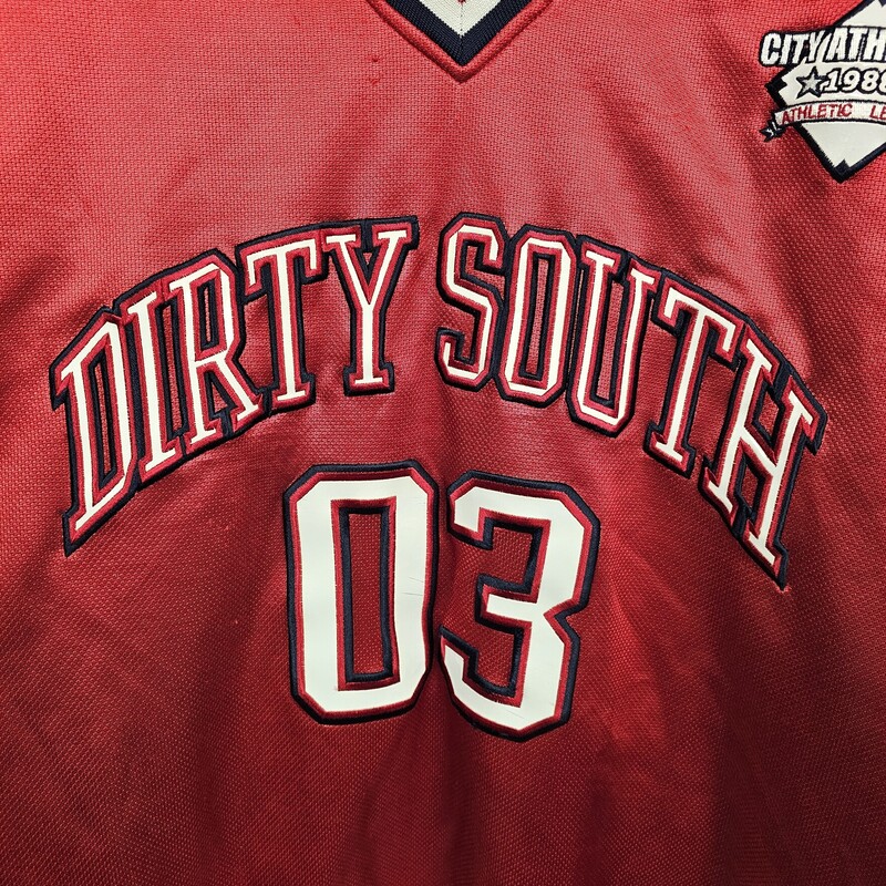 ASG Sports Dirty South # 03 Jersey, Hip Hop Collection, City Athletics 1988 Athletic League, Red & Navy, White vinyl numbers & badge, Size: 3XL, Pre-owned, pilling on shoulders, few snags in fabric. Otherwise, in good shape.