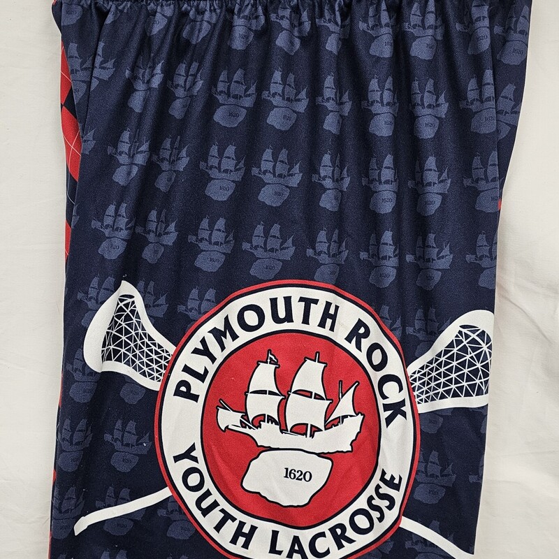 Plymouth Rock Youth Lacrosse Shorts, Navy & Red, Size: Yth XL, drawstring waist, pre-owned
