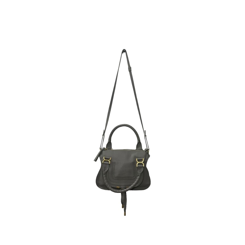 Chloé Marcie Satchel, Grey, Size: Small

Dimensions:
11.75W x 9H x 3.5D

Combining a feminine allure with '70s spirit, Chloé's iconic Marcie bag is skillfully crafted in Italy of grained leather. The French label details this slouched silhouette with equestrian-inspired saddle stitching and signature tassels.