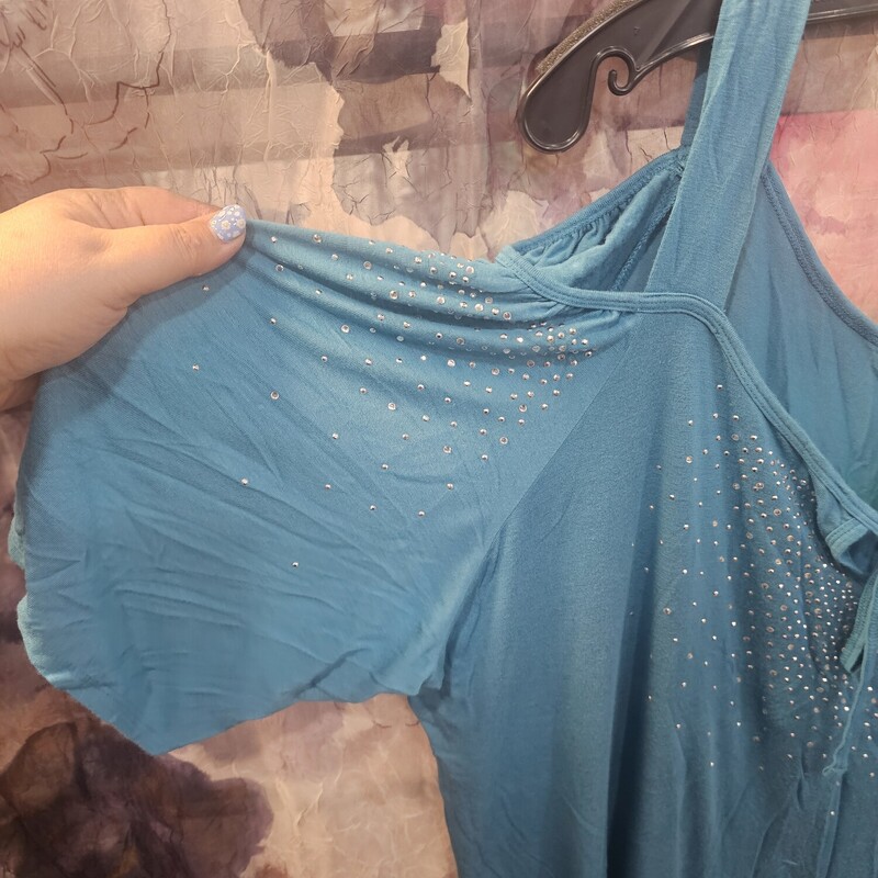 Short sleeve knit in a teal blue with bling and cold shoulder.