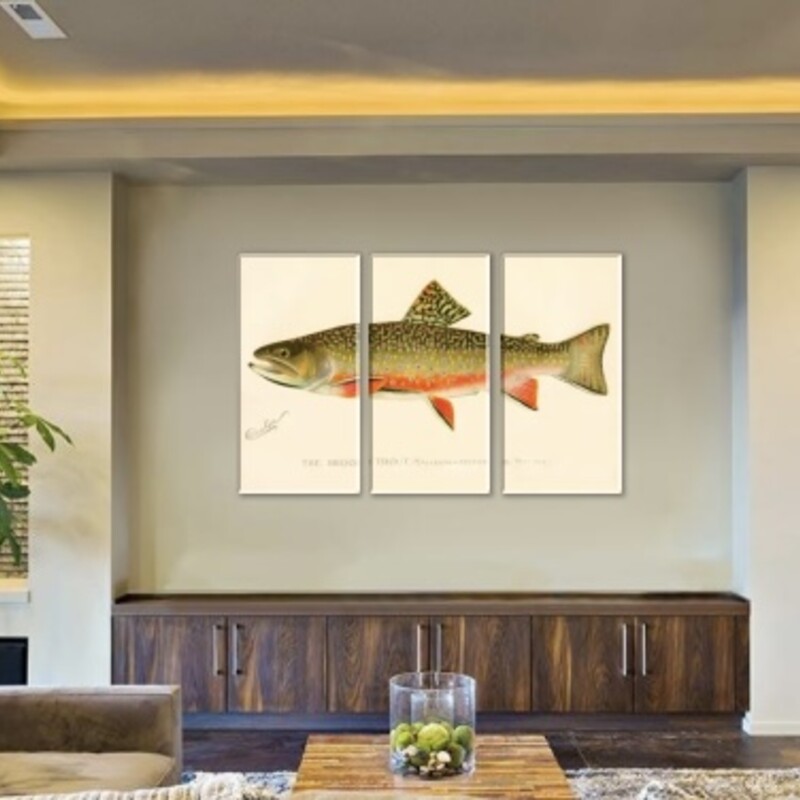 Brook Trout Triptych

Size: 60Wx40H
Each Panel is 20Wx40H

With attention to detail, The Brook Trout offers a realistic view of the fish. A bright orange underbelly and fins stand out against the olive body and head. Specks of pink and yellow dance across the fish's body, reminding the viewers that a trout shines with its glossy scales. A beautiful work of art for a man cave or home office.