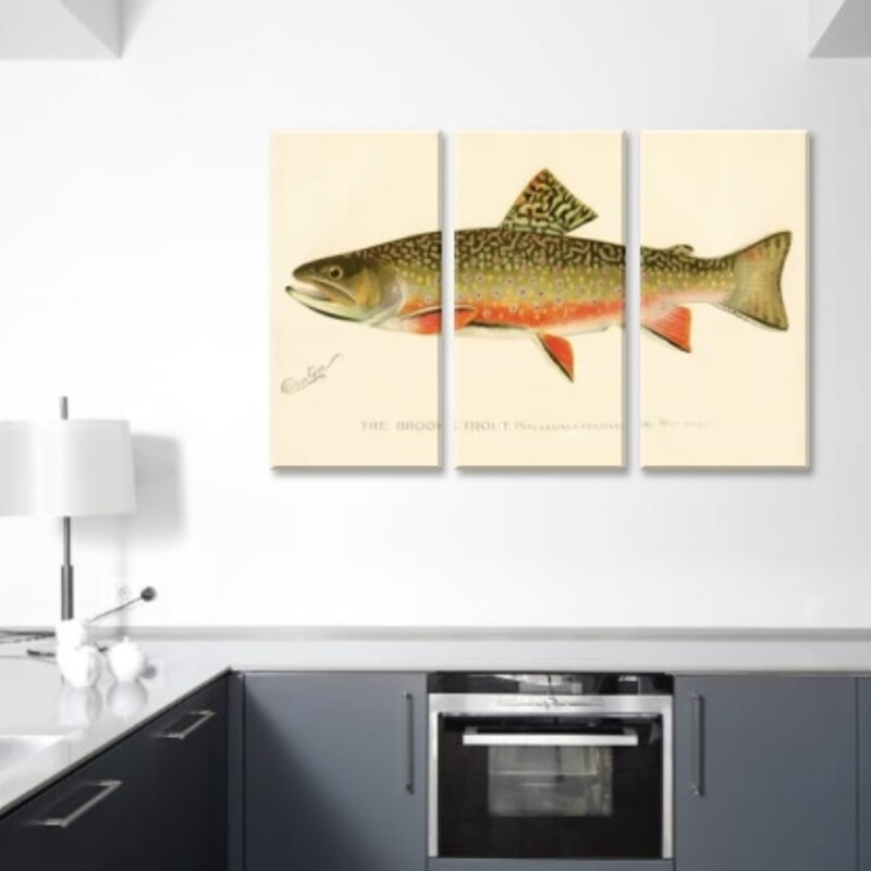 Brook Trout Triptych<br />
<br />
Size: 60Wx40H<br />
Each Panel is 20Wx40H<br />
<br />
With attention to detail, The Brook Trout offers a realistic view of the fish. A bright orange underbelly and fins stand out against the olive body and head. Specks of pink and yellow dance across the fish's body, reminding the viewers that a trout shines with its glossy scales. A beautiful work of art for a man cave or home office.