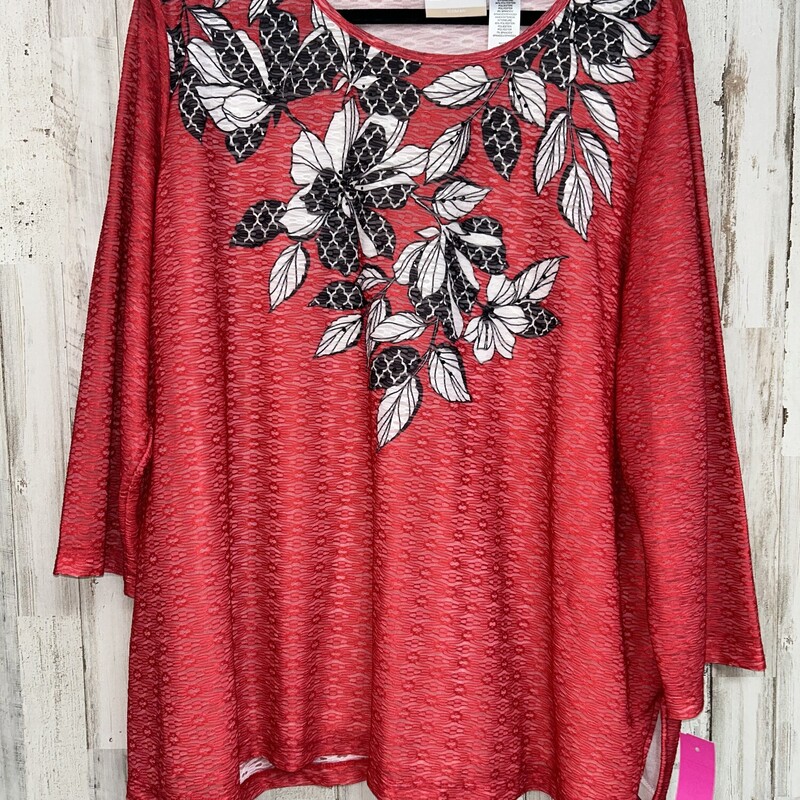 2X Red Floral Studded Top, Red, Size: Ladies 2X