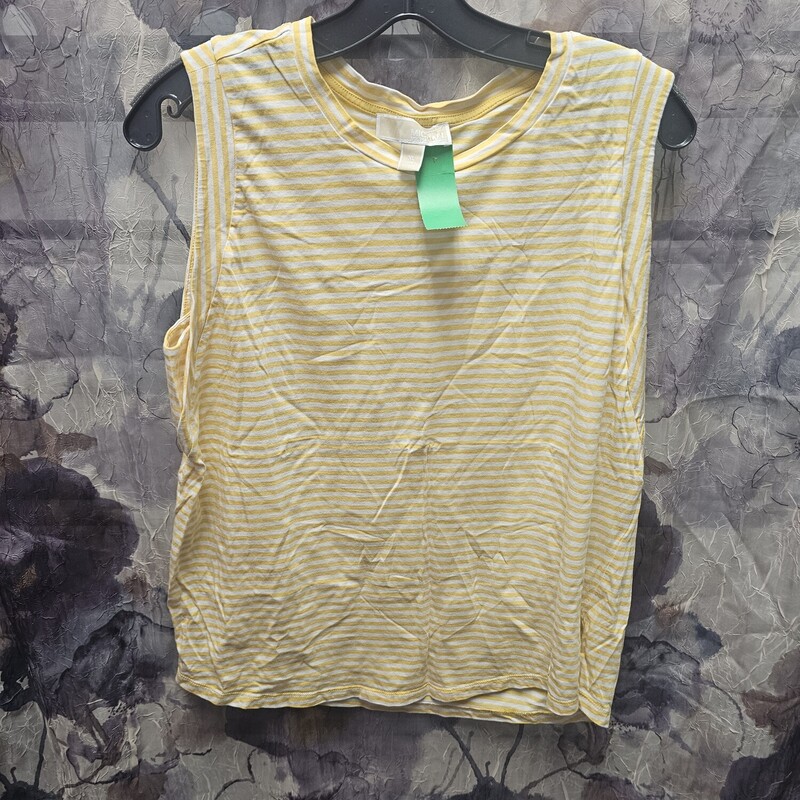 Sleeveless knit top in yellow and white stripe.