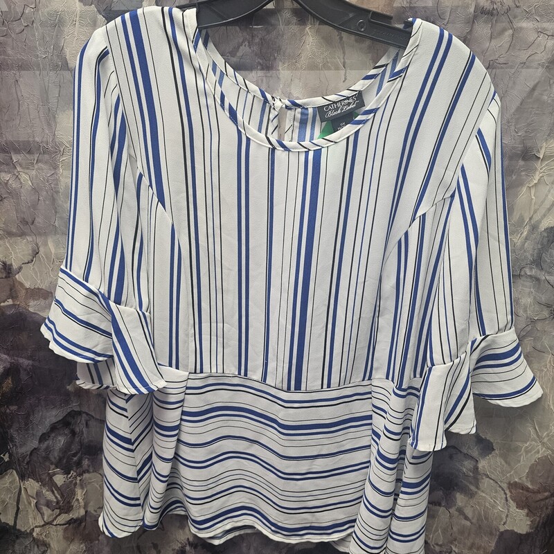 Half sleeve blouse in white with black and blue striping and ruffled sleeves