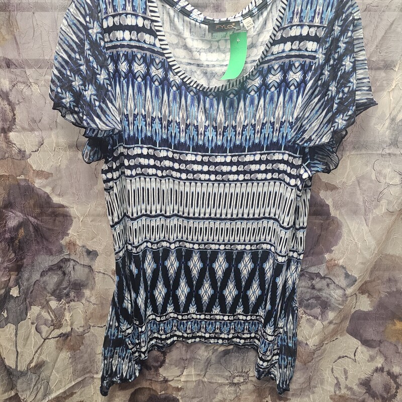 Super cute knit top with sheer sleeves in a white grey and blues.