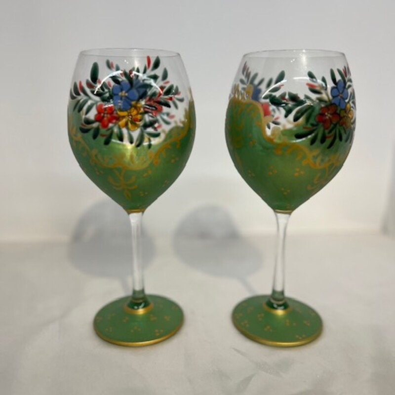 Set of 2 Hand Painted Floral Wine Glasses
Green Gold Multicolored
Size: 4 x 8.5H