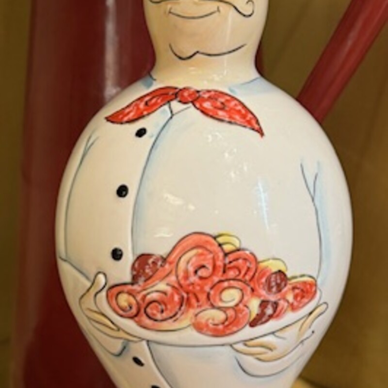 Fat Chef Spaghetti Oil Bottle by Godinger
White Red Yellow Ceramic
Size: 5x12H
Removable Cork Lid
Coordinating Bottle Sold Separately
