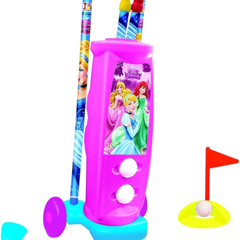PRODUCT FEATURES

Easy to carry bag with strap. Great for indoor and outdoor fun!
Comes with all your favorite Disney Princess characters on a durable fabric golf bag with 2 golf sticks, 3 balls, 1 hole and 1 flag.
PRODUCT DETAILS
Age: 3 years & up
19.5 H x 6.75 W x 3 D
Wipe clean
Plastic