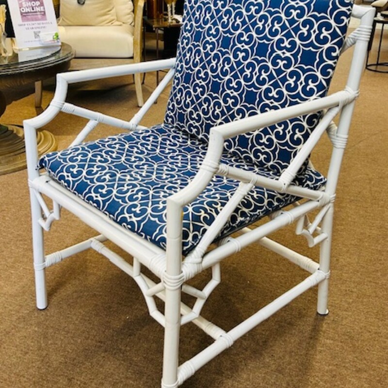 Bamboo Look Accent Chair with Cushion
Blue White Size: 23 x 22 x 36.5H
As Is - slight separating in wood in some places