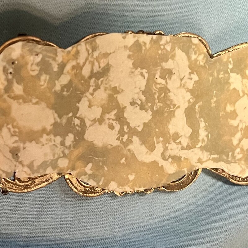 Victorian Steel Cut Sew-On Buckle c. late 1800s. Goldtone with celluloid back. This would have been sewn onto a fabric sash. 4 1/4 x 1 5/8 inches. Fabulous period piece.