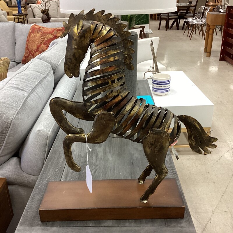 Metal Skeleton Horse, Metal, Wood Stand
21in tall x 5in deep x 18in wide