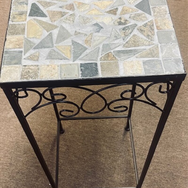 Stone Top Iron Plant Stand
Brown Green Tan Iron and Stones
Size: 11x11x28H