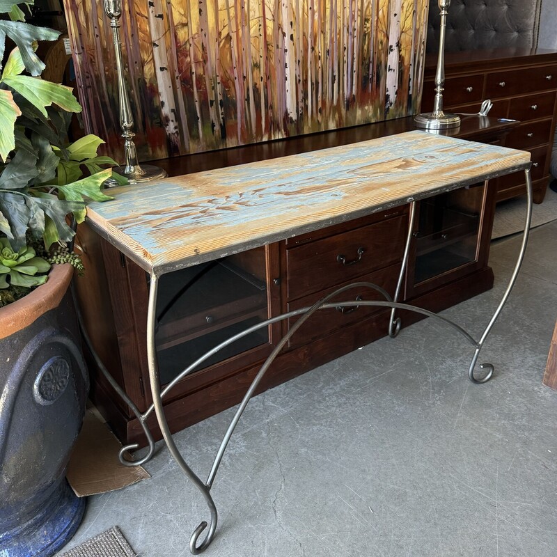 Old Wood Table With Iron Base

Size: 48Lx18Dx33