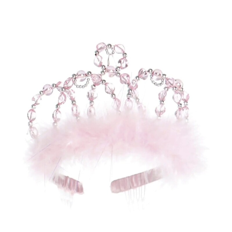 Transparent pink beads with silver accents intricately weave and form this Princess tiara. A pink, ribbon-wrapped base is further decorated with pink marabou, and clear combs. This Princess tiara matches everything, even pyjamas because princesses need sleep too.