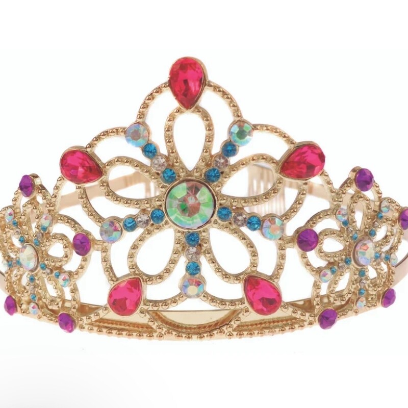 A tiara makes you feel special, adds that extra needed flare to regular school outfits. So why not go all the way! Our gold metal tiara is bedazzled with jewels and gems. Featuring faux rhinestone and gem detailing, this gold tiara completes any princess costume or just for everyday wear depending on your princess needs.