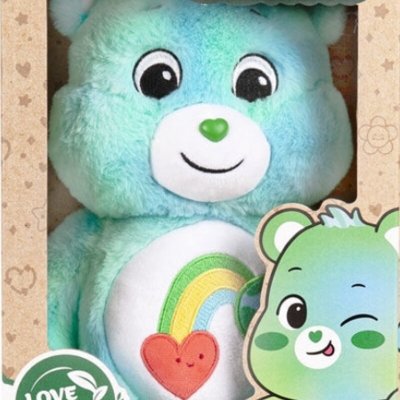 A BEAR WITH A MISSION - For I Care Bear, there's no greater joy than keeping our Earth clean for generations! He encourages us to recycle, reduce waste, and walk or ride our bikes when we can!
MADE WITH RECYCLED MATERIALS - I Care Bear's beautiful, super-soft plush fur not only reflects the colors of the land and sea, but was also created specifically using sustainable recycled materials.
UNIQUE BELLY BADGE - I Care Bear wears a unique belly badge depicting a happy heart and Earth connected by a yellow, green, and blue rainbow—reminding us all to love and care for the Earth together!
PERFECT FOR PLAY – At 9” in size, this I Care Bear plush toy is perfect for play, hugs, travel, or any adventure great or small! Take home your lovable new eco-friendly Bear today!
