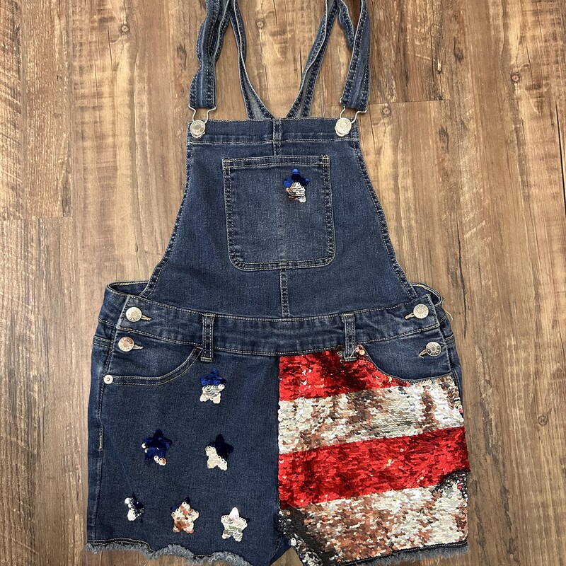 Justice Sequin Flag Overa, Denim, Size: Youth XXL
