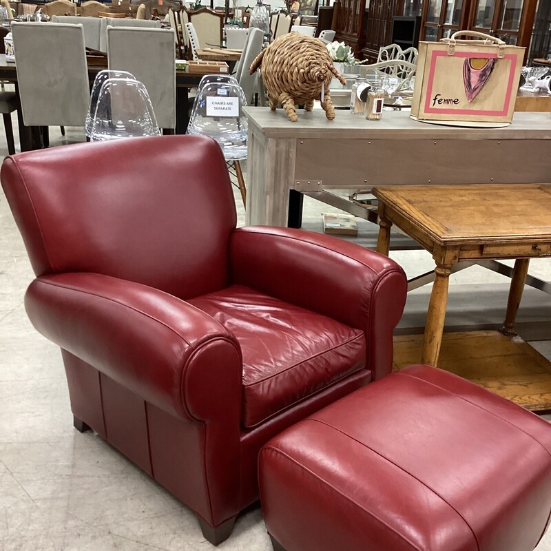 Red Leather Chair & Ottom, Red, W/Otto
34 in w