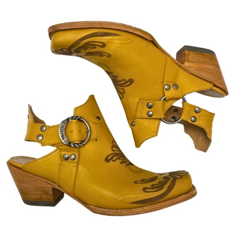 John Fluevog Loretta Leather Sling Back Mule
Color:  Mustard
Size: 11