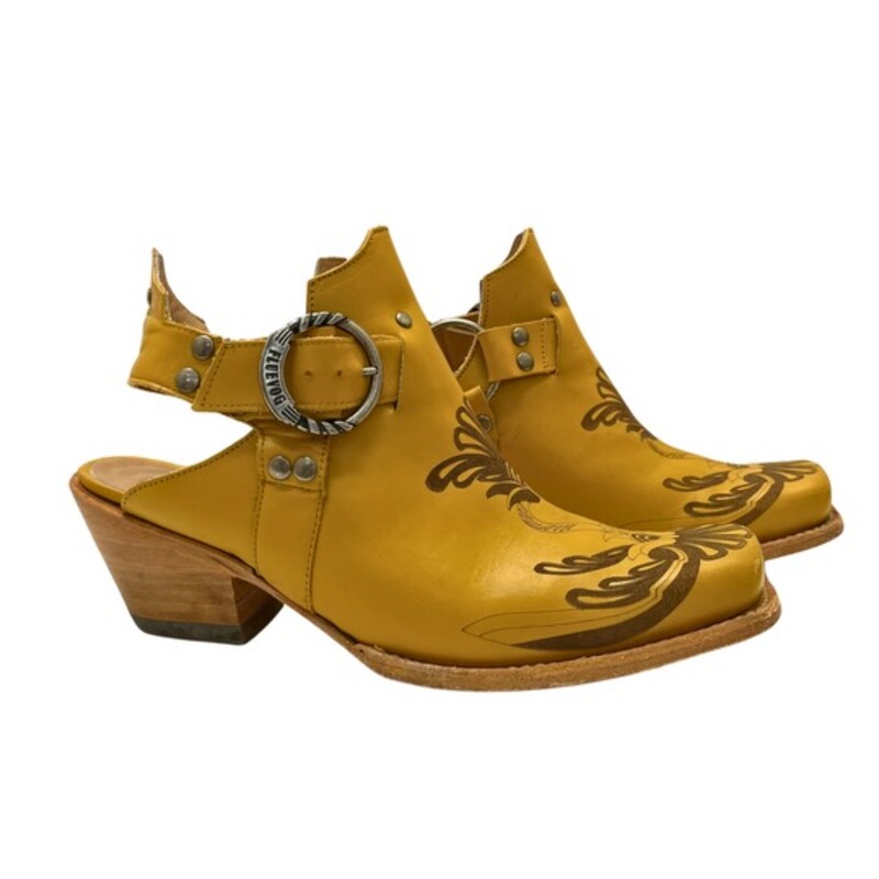 John Fluevog Loretta Leather Sling Back Mule
Color:  Mustard
Size: 11