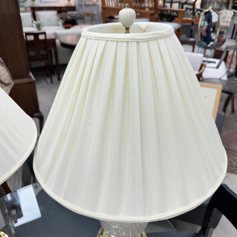 Two Lenox `Masterpiece` Lamps, sold together as a pair with the lampshades included. The shades are being sold as is, with some rips and discoloration from consistent use.
Size: 31H