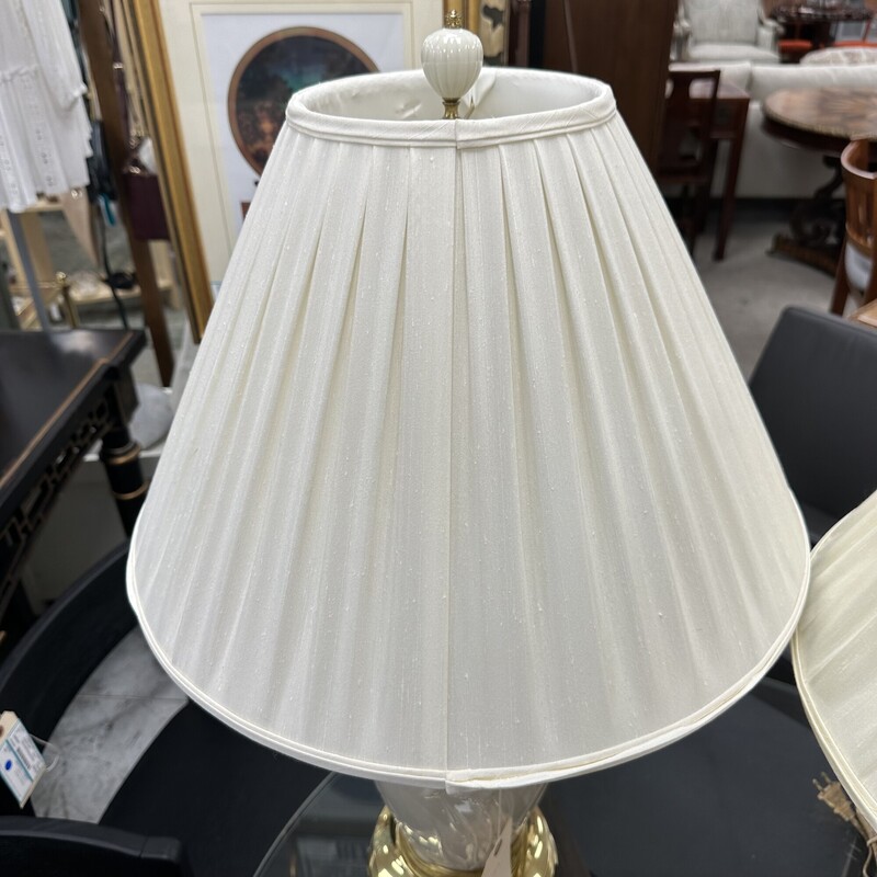 Two Lenox `Masterpiece` Lamps, sold together as a pair with the lampshades included. The shades are being sold as is, with some rips and discoloration from consistent use.
Size: 31H