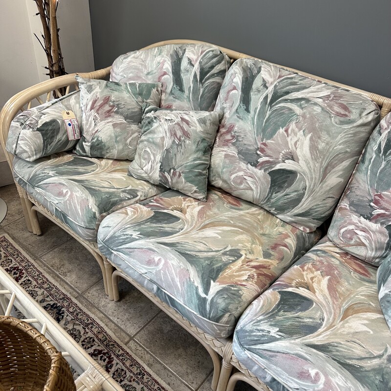 Benchcraft Rattan Sofa, Cream/Blue Cushions included
Size: 72x32x28