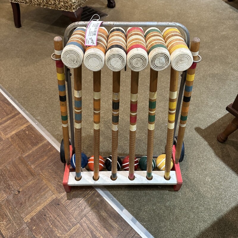 Croquet Set,
Size: 29x18
Cart with white walls comes with
6 mallets and 6 balls.  Wickets
are missing but available on Amazon!