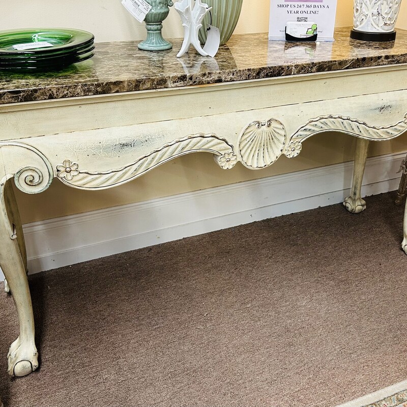 Century Marble Console
Distressed Cream Wood with Brown Marble Top
Top is Removable
Size: 60x19x32H
Coordinating Bench Sold Separately