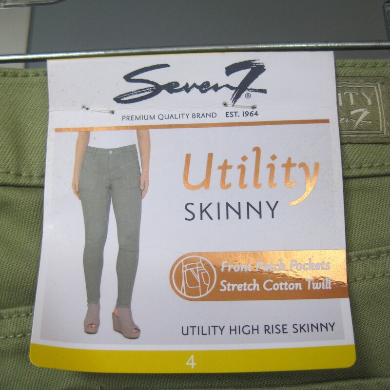 Brand new jeans from Seven 7.<br />
Wearable sage jean<br />
these are called Utility<br />
High rise skinnies will come to the ankle.<br />
Size 4<br />
flat measurements:<br />
waist: 15.5<br />
hip: 18.5<br />
rise: 10<br />
inseam: 28.5<br />
side seam: 39<br />
<br />
<br />
Thanks for looking!<br />
#66110