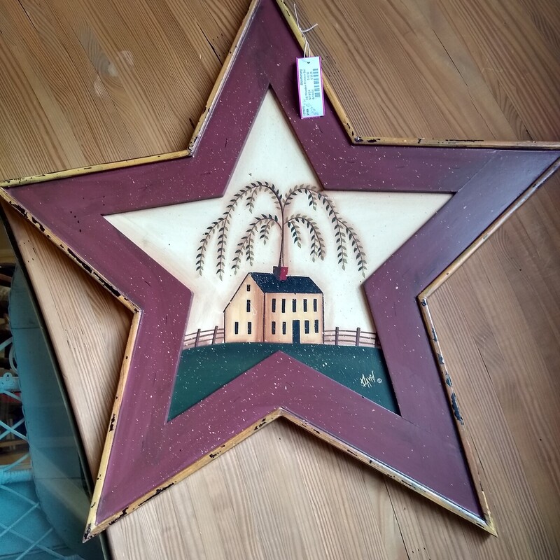 Lg Wooden Primitive Star

Large wooden star with a primitive style insert.  Star has colors of burgandy, cream, green and mustard.

Size: 29 in wide X 30 in long