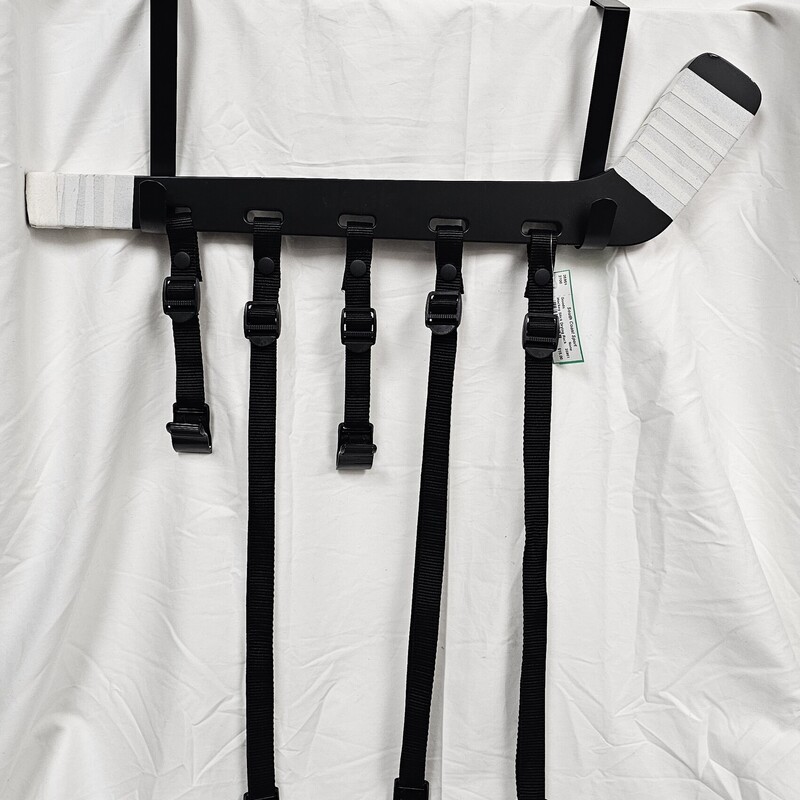 Hockey Stick Drying Rack, comes with over the door hooks to hang from.  5 adjustable straps with heavy duty metal clips to clip onto gear.  Straps are also removable.