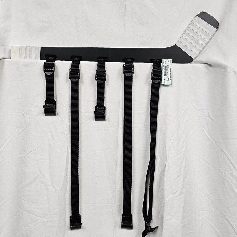 Hockey Stick Drying Rack, comes with over the door hooks to hang from.  5 adjustable straps with heavy duty metal clips to clip onto gear.  Straps are also removable.