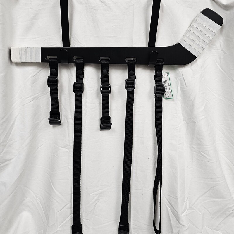 Hockey Stick Drying Rack, comes with over the door hooks to hang from.  5 adjustable straps with heavy duty metal clips to clip onto gear.  Straps are also removable.