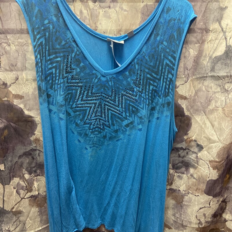Sleeveless knit top in blue with graphic and bling on the neck