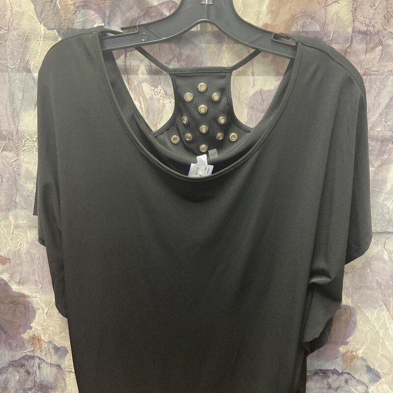 Short sleeve blouse in black with rivets in the back panel for added flair.