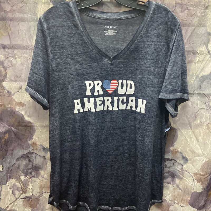 Distressed tee in blue with patriotic graphic of Proud American