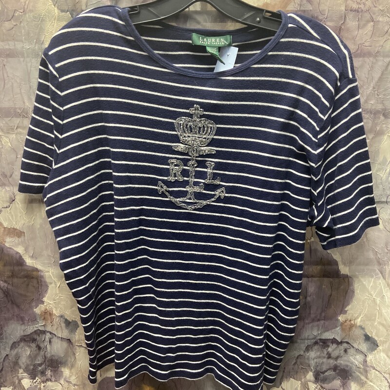 Short sleeve navy and white shirt with embroidered logo anchor in silver beading on the front.