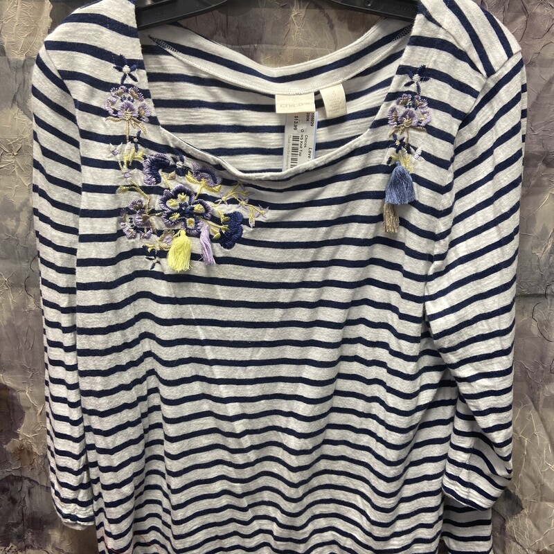 Half sleeve knit top in blue and white stripe with embroidered fun design on the front